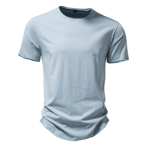 Detail of light blue crew neck cotton T-shirt showing fine knit texture on 3D mannequin