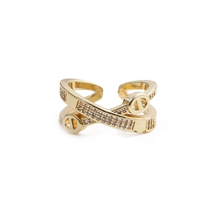 Adjustable golden crisscross ring with micro-pave cubic zirconia and screw motifs