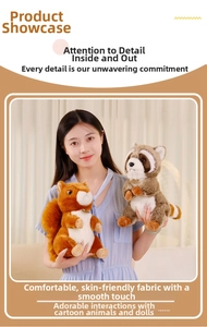 Close-up of squirrel and raccoon plush toys showing soft skin-friendly fabric texture