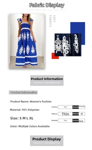 Détails de la robe de plage bohème bleue avec tableau des tailles et spécifications du tissu
