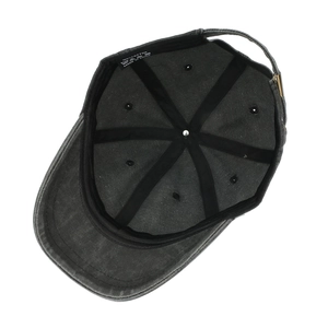 Internal view of washed dark grey cotton baseball cap with adjustable metal buckle closure