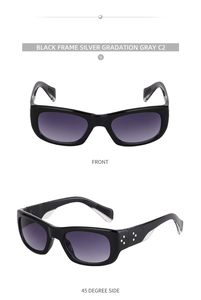Close-up of square black sunglasses with gradient lenses from front and side angles