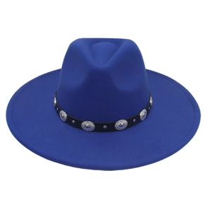 Detail of royal blue felt fedora with a black leather band and silver metal studs