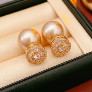 French Vintage Double Sided Artificial Pearl Stud Earrings With Zircon Inlay Gold Plated Copper Palatial Jewelry Silver Earring Post