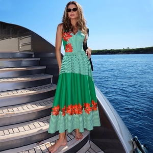 Women Swimsuit Beachwear Off Shoulder Ruffles Green White Stripes Red Floral Print Vacation Style Bodysuit Pants Skirt