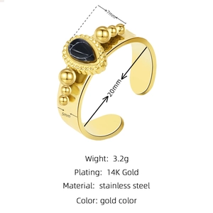 Detailed size specifications for gold plated stainless steel ring with black gemstone