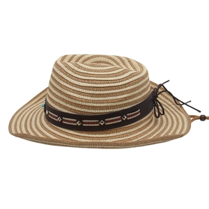Close-up of woven straw cowboy hat with leather band, studs, and turquoise bead detail