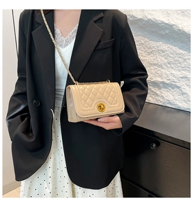 Detailed close-up of beige quilted crossbody bag with gold metal chain and rotary buckle