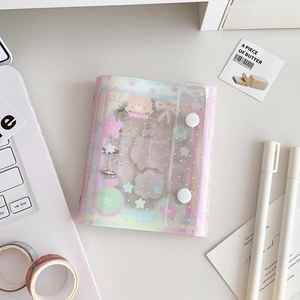 Mini pink-purple iridescent PVC loose-leaf notebook with cute bear stickers and double snaps