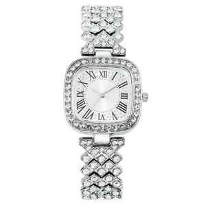 Luxury Square Women Quartz Watch Alloy Case Rhinestone Embellished Metal Bracelet Roman Numerals Dial Fashion Bracelet Wristwatch