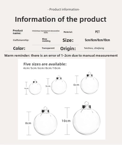 Size chart showing five transparent PET Christmas balls with diameter measurements