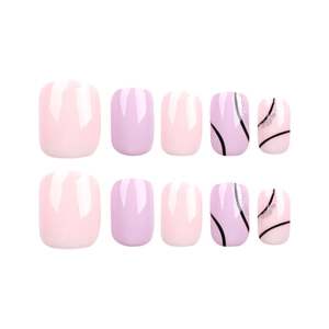 Short square press-on nails set with pink and purple gradient and wavy silver glitter lines
