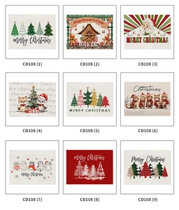 Grid view of nine Christmas linen placemats with Santa Claus and festive animal patterns