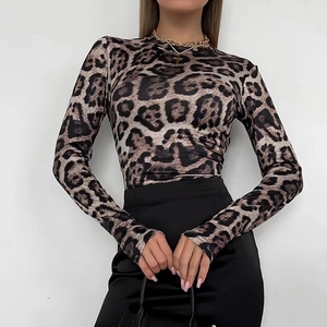 Close-up of the leopard print pattern and stretch fabric texture of this slim fit bodysuit