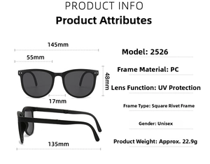 Size chart showing dimensions of the UV400 square frame sunglasses for men and women