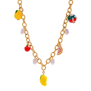 Golden stainless steel necklace featuring pearls and vibrant mixed fruit charms like mango