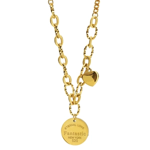 Gold titanium steel chunky chain necklace with heart and round engraved eternal love charms