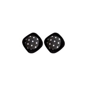 Minimalist fabric diamond-shaped earrings with white polka dots on black fabric