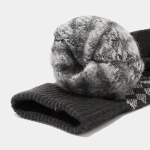 Winter thermal knit set with diamond lattice pattern and thick faux lamb wool lining