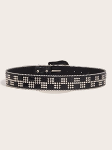 Close-up of black crocodile pattern belt with silver metal studs and pin buckle