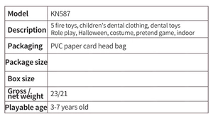 Detailed technical specification table for firefighter role-play set models and weights