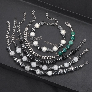 5-piece layered beaded bracelet set with hematite green stones and silver curb chain