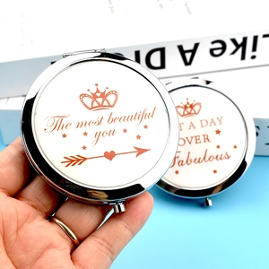 Portable folding metal makeup mirror with rose gold crown design and beautiful text