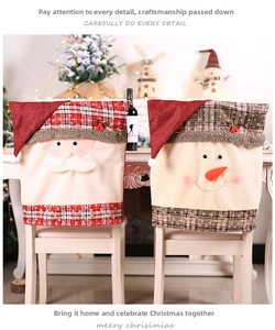 Detailed view of Santa and Snowman plush chair covers with festive 3D decorations