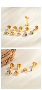 Detail of titanium push-pin labret studs with micro-inset colorful cubic zirconia crystals