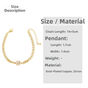 Detail view of gold flower pendant bracelet with size specs and zircon inlay