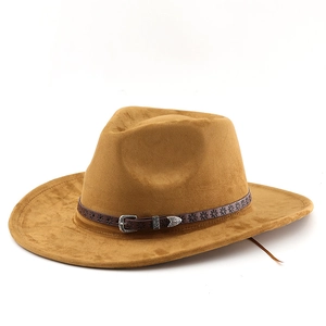 Classic brown western cowboy hat in faux suede with embossed floral leather band decoration
