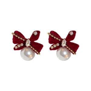 Elegant burgundy velvet bow earrings with white pearl drop and crystal accents