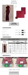 Detailed size chart and material specs for the French style red sleeveless evening dress