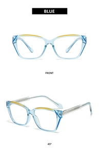 Blue transparent cat-eye glasses frame with yellow accents and patterned metal core legs