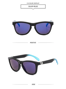 Retro square sunglasses with black frames and blue gradient mirrored lenses detail view
