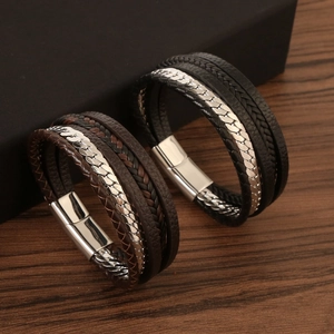 Retro Multi Layer Braided Leather Bracelet With Stainless Steel Chain And Magnetic Buckle For Men Vintage Punk Jewelry