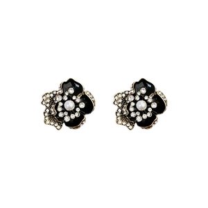 Vintage style black flower stud earrings with pearl center and crystal accents