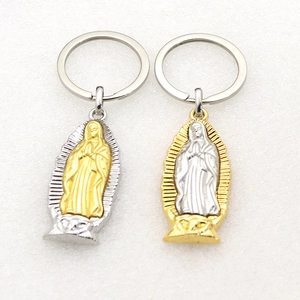 Two Virgin Mary metal keychains in gold and silver plating with keyring and short chain