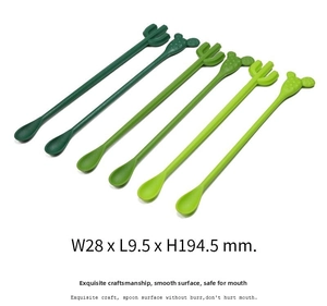Detail view of 6-piece cactus-themed long plastic stirrers for cocktails and coffee