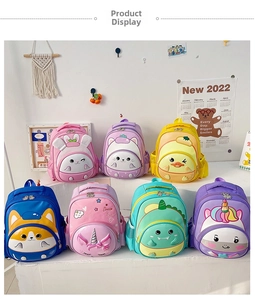 Collection of colorful cartoon kids backpacks featuring seven unique animal character designs