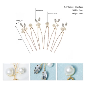 Detailed size specifications for 6-piece bridal hair pin set with pearls and rhinestones