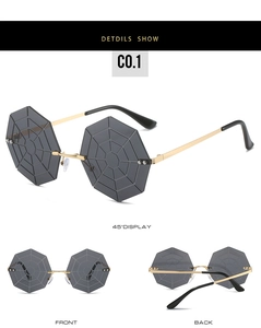 Detailed views of rimless spider web sunglasses with dark grey lenses and gold frames