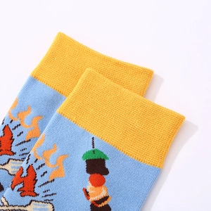 Creative food pattern mid-calf socks in yellow and blue with cotton knit texture