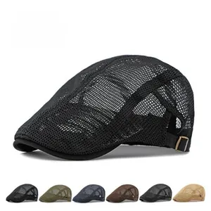 Detail view of breathable mesh newsboy cap with adjustable side copper buckle closure