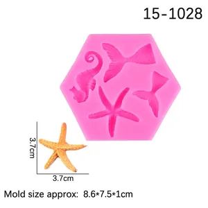 Pink silicone ocean mold with seahorse, mermaid tail and starfish shapes for cake decorating