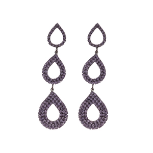 Elegant silver needle earrings with purple crystal teardrops and sparkling fringes