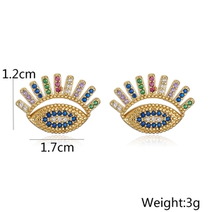 Detail view of 18K gold plated geometric stud earrings with multicolor zircon stones