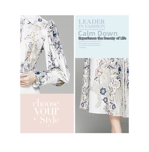Détail de robe longue fleurie vintage avec col montant, manches bouffantes et ceinture