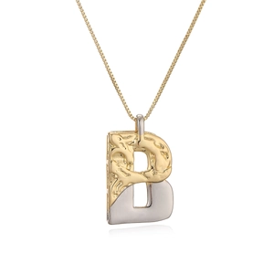 Two-tone letter B pendant necklace with hammered gold and smooth silver finish