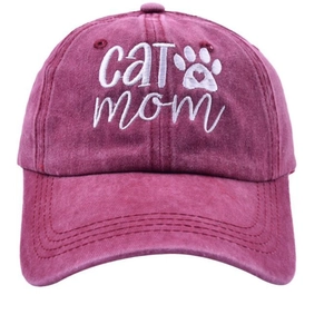 Vintage red washed denim baseball cap with white Cat Mom embroidery and paw print